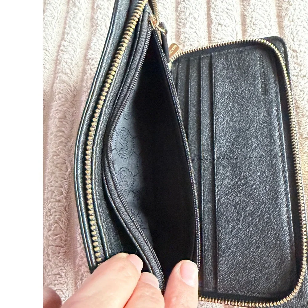 Michael Kors Hamilton Black Pebbled Leather Zip Around Wallet Gold Padlock